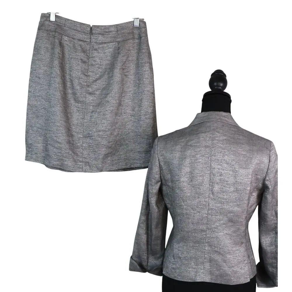 Talbots LINEN Gray Metallic Skirt Suit Mini Pleated 3/4 Sleeves Womens 2 4P work - Picture 4 of 8